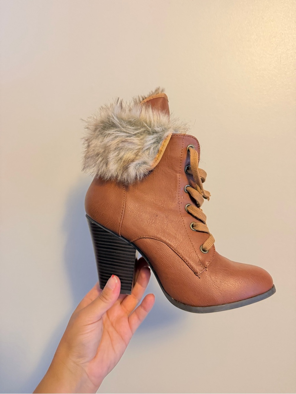 Charlotte Russe Brown Faux Fur Lace-Up Ankle Boots - Size 7